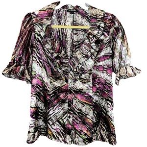 “My Michelle” animal print, metallic short sleeve ruffle button-down blouse